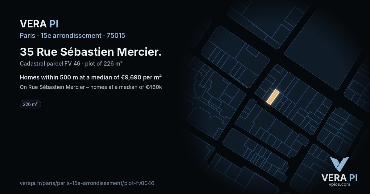 35 Rue Sébastien Mercier, 15e arrondissement at night – the plot lit, the parcels around coloured by the prices near them