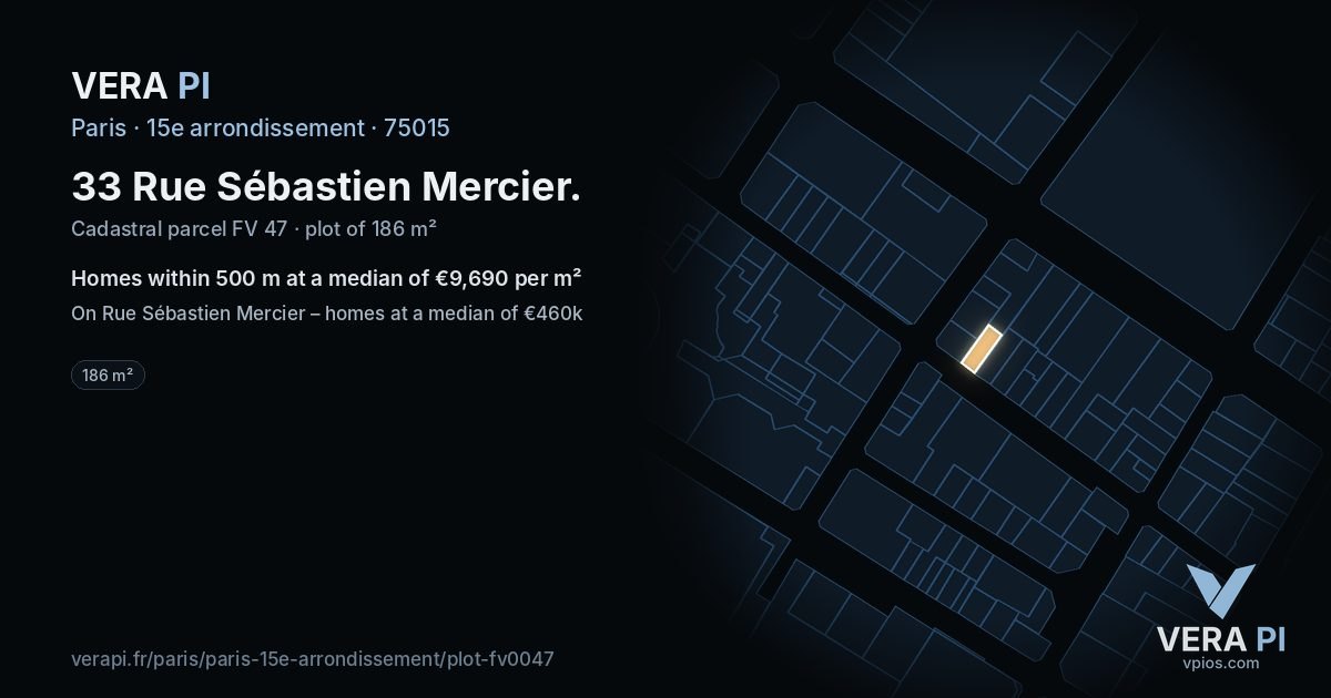 33 Rue Sébastien Mercier, 15e arrondissement at night – the plot lit, the parcels around coloured by the prices near them