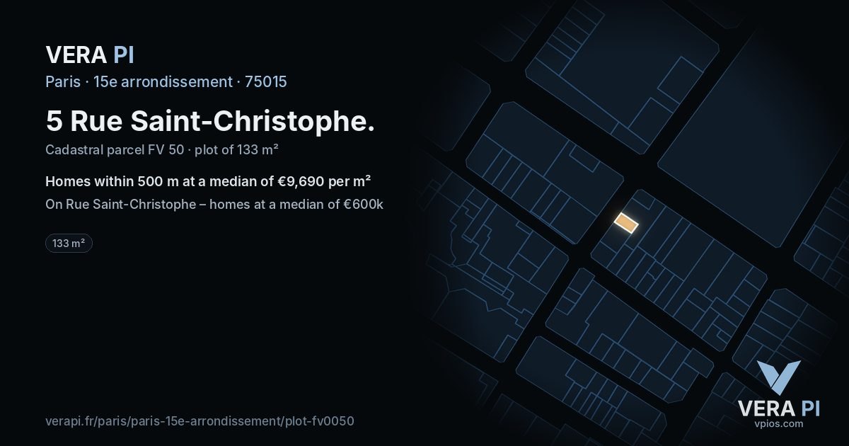 5 Rue Saint-Christophe, 15e arrondissement at night – the plot lit, the parcels around coloured by the prices near them