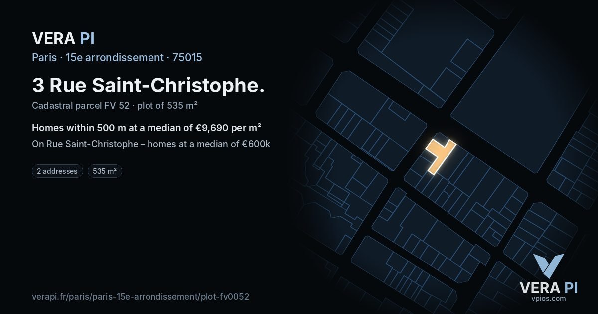 3 Rue Saint-Christophe, 15e arrondissement at night – the plot lit, the parcels around coloured by the prices near them