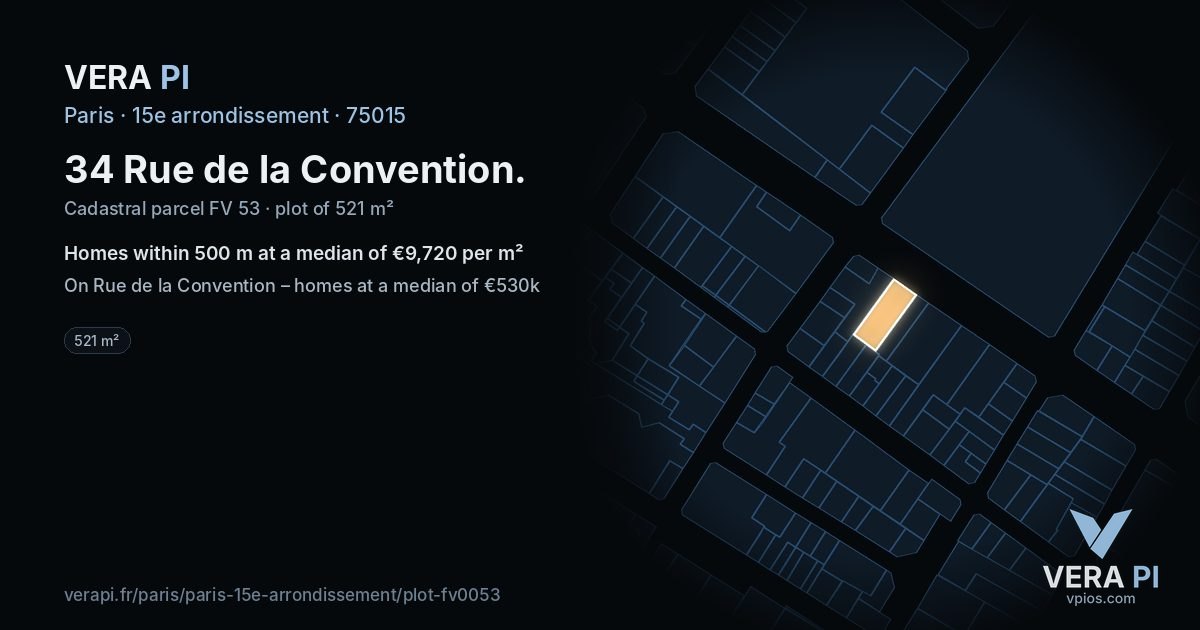 34 Rue de la Convention, 15e arrondissement at night – the plot lit, the parcels around coloured by the prices near them