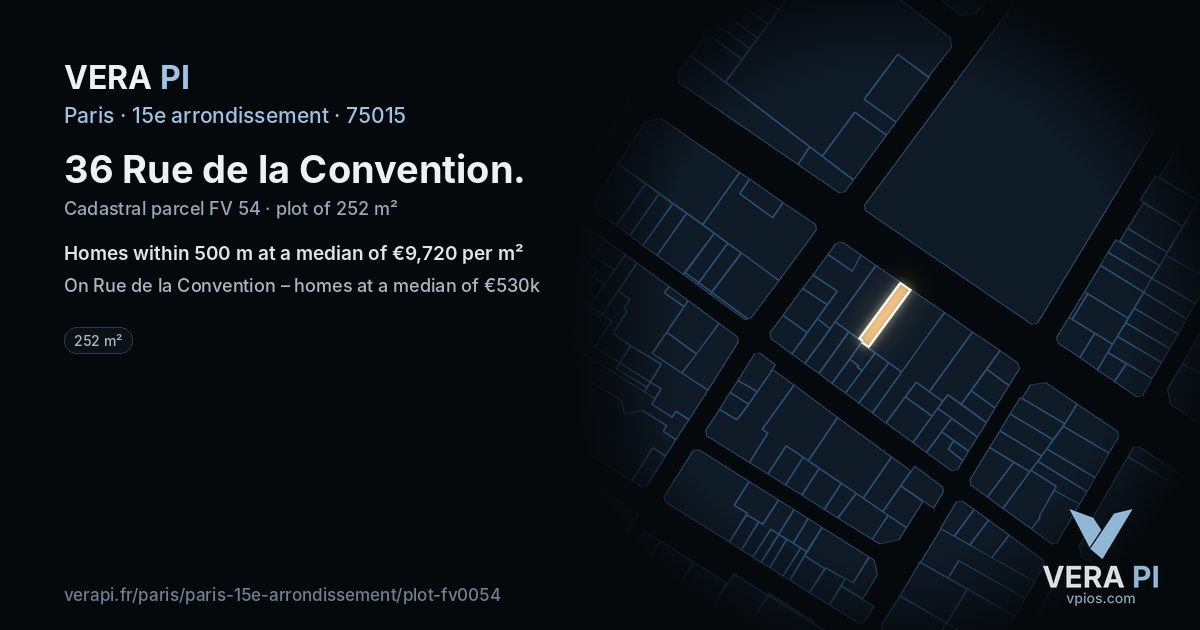 36 Rue de la Convention, 15e arrondissement at night – the plot lit, the parcels around coloured by the prices near them