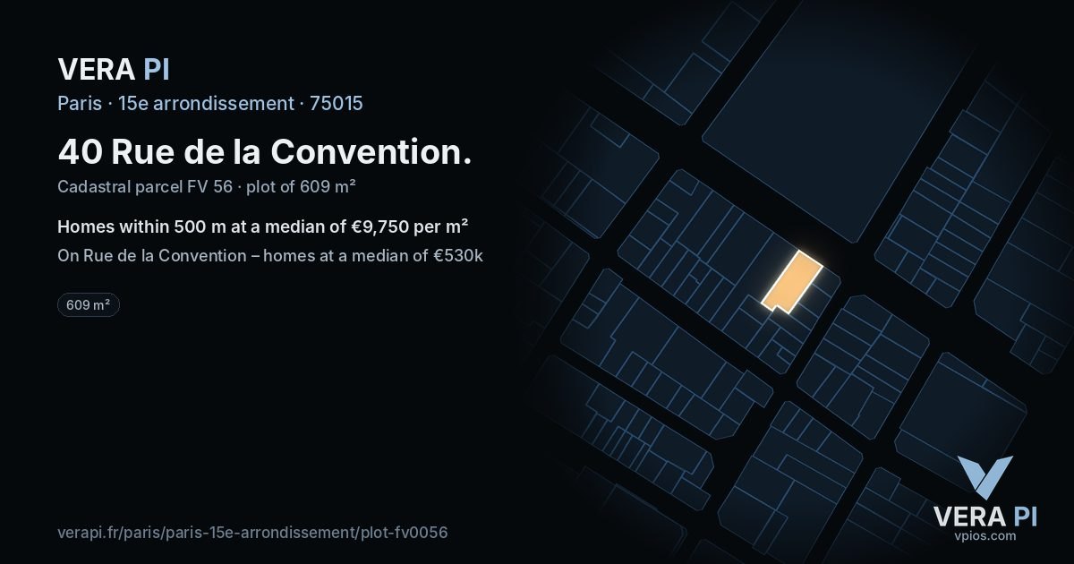 40 Rue de la Convention, 15e arrondissement at night – the plot lit, the parcels around coloured by the prices near them