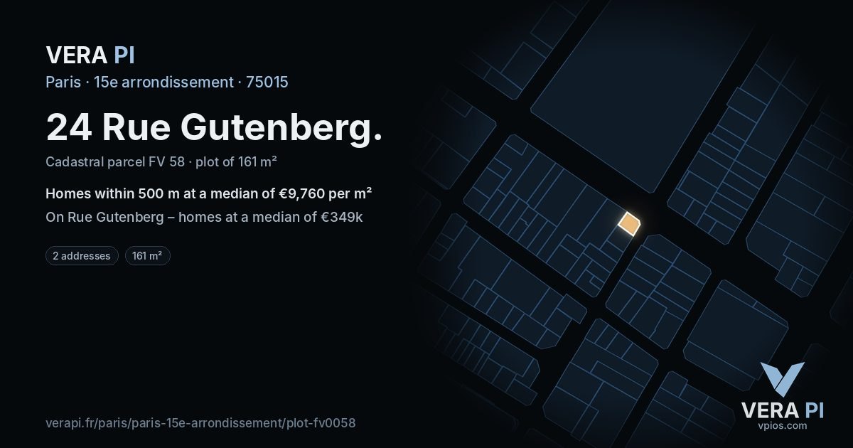 24 Rue Gutenberg, 15e arrondissement at night – the plot lit, the parcels around coloured by the prices near them