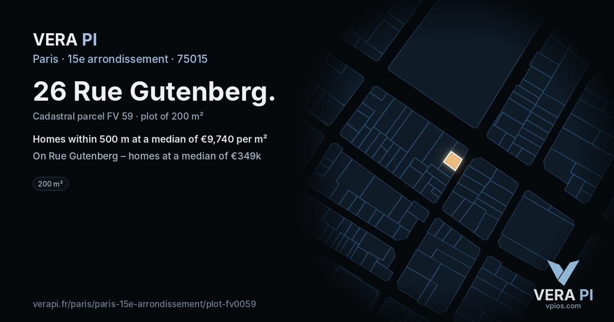 26 Rue Gutenberg, 15e arrondissement at night – the plot lit, the parcels around coloured by the prices near them