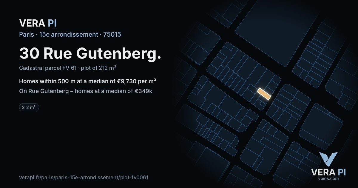 30 Rue Gutenberg, 15e arrondissement at night – the plot lit, the parcels around coloured by the prices near them