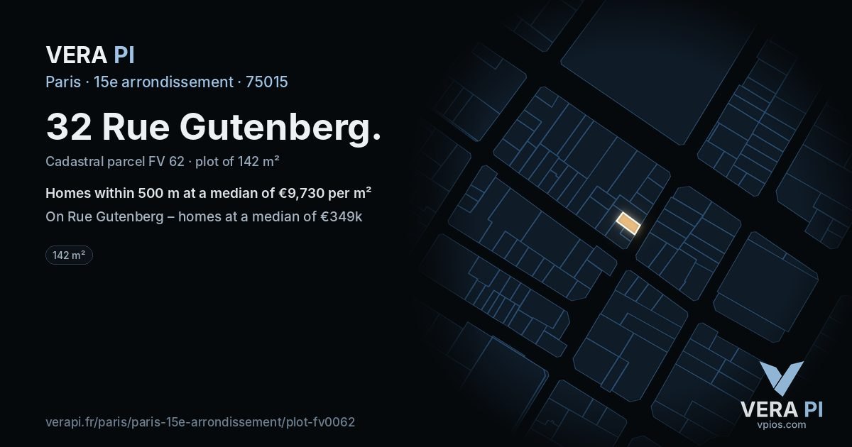 32 Rue Gutenberg, 15e arrondissement at night – the plot lit, the parcels around coloured by the prices near them