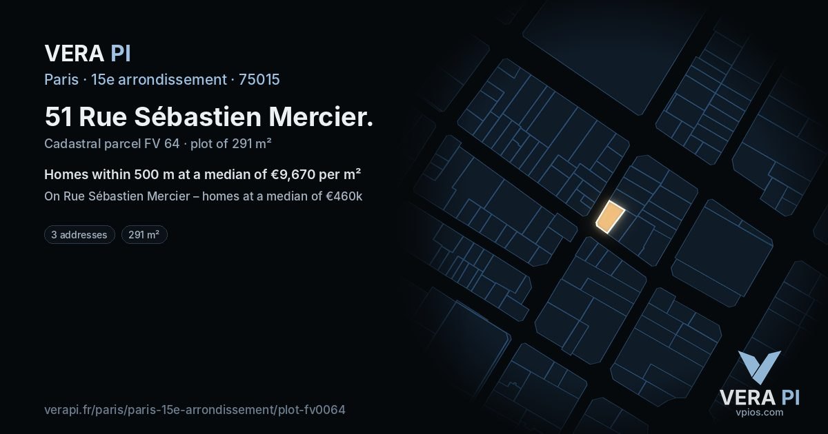 51 Rue Sébastien Mercier, 15e arrondissement at night – the plot lit, the parcels around coloured by the prices near them