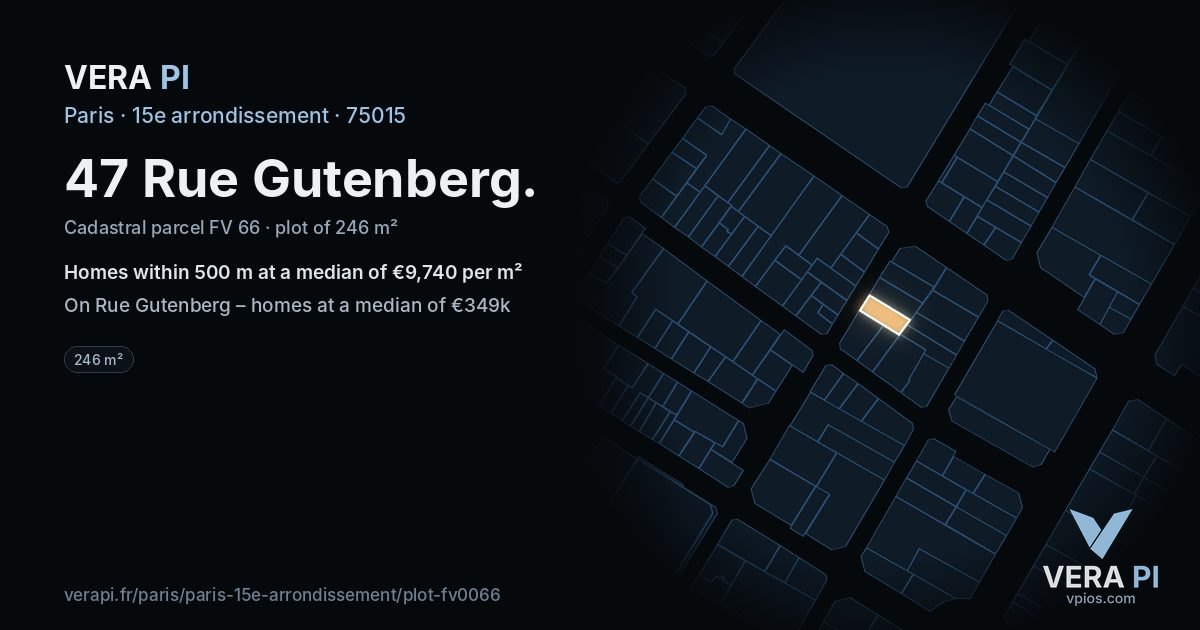 47 Rue Gutenberg, 15e arrondissement at night – the plot lit, the parcels around coloured by the prices near them