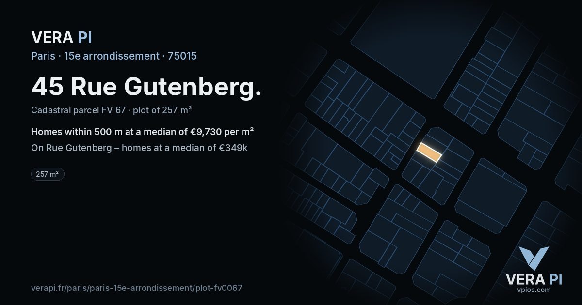 45 Rue Gutenberg, 15e arrondissement at night – the plot lit, the parcels around coloured by the prices near them