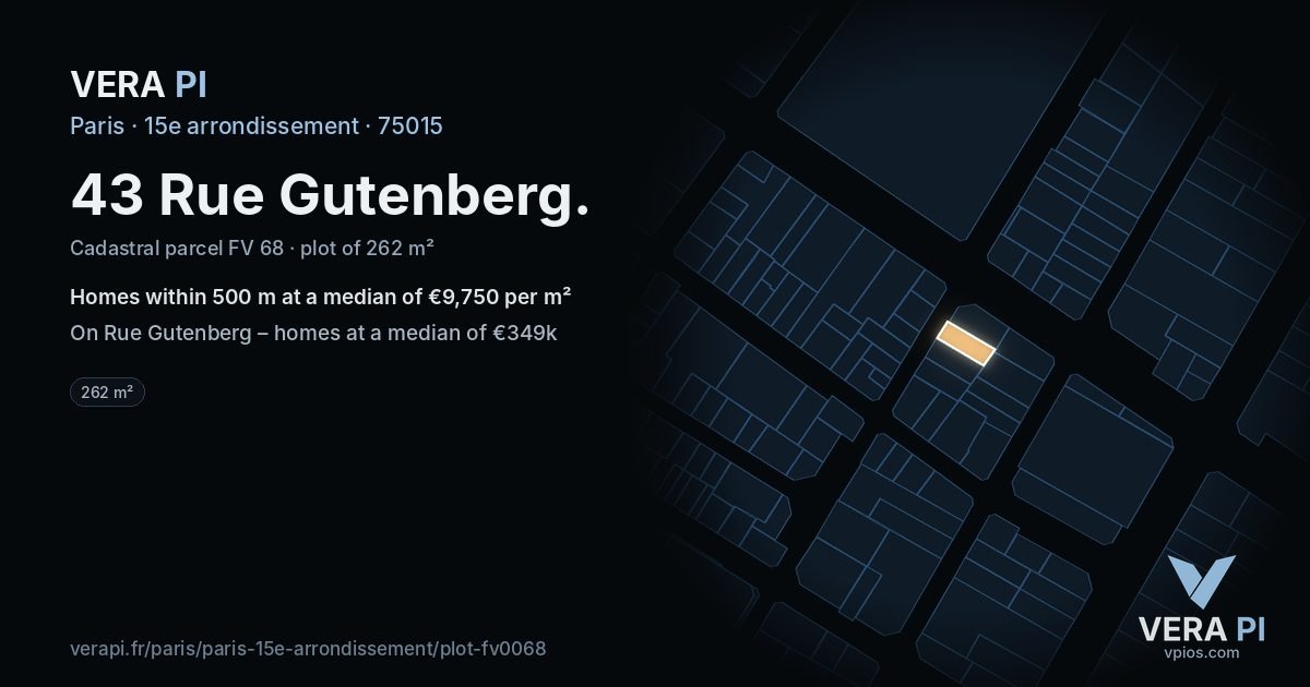 43 Rue Gutenberg, 15e arrondissement at night – the plot lit, the parcels around coloured by the prices near them