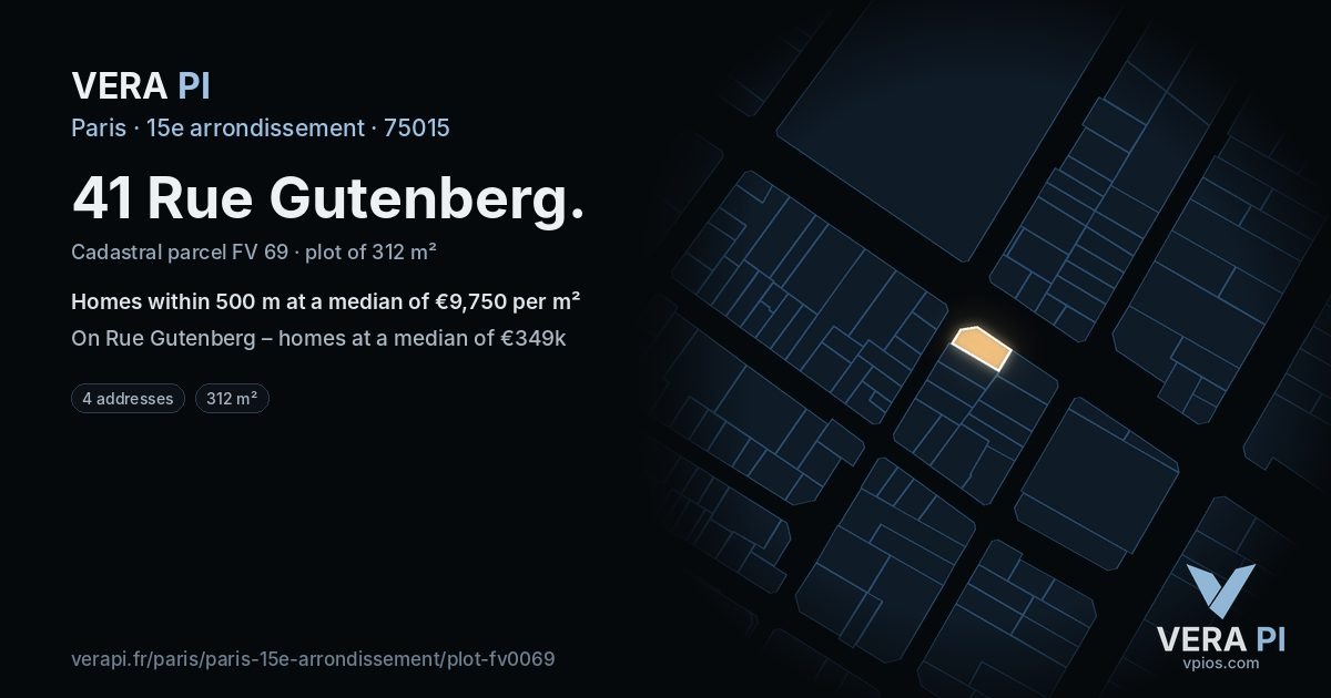 41 Rue Gutenberg, 15e arrondissement at night – the plot lit, the parcels around coloured by the prices near them