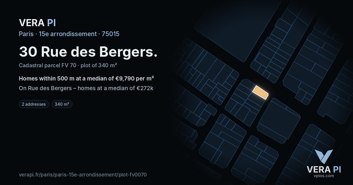30 Rue des Bergers, 15e arrondissement at night – the plot lit, the parcels around coloured by the prices near them