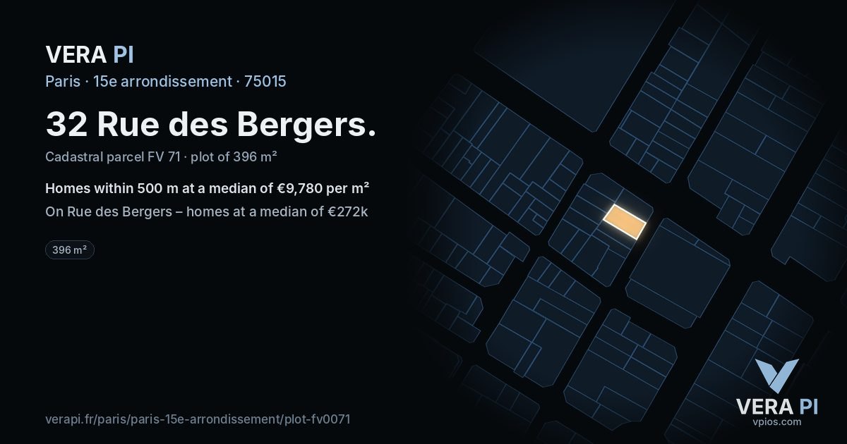 32 Rue des Bergers, 15e arrondissement at night – the plot lit, the parcels around coloured by the prices near them