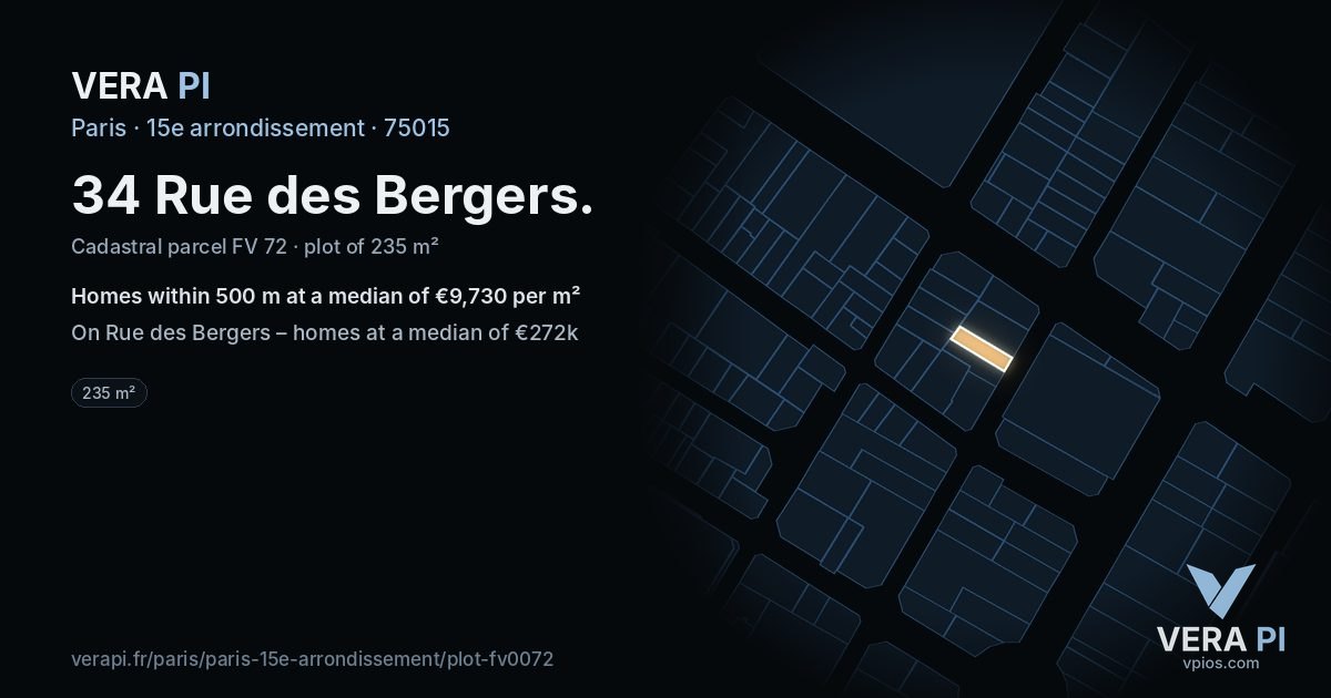 34 Rue des Bergers, 15e arrondissement at night – the plot lit, the parcels around coloured by the prices near them