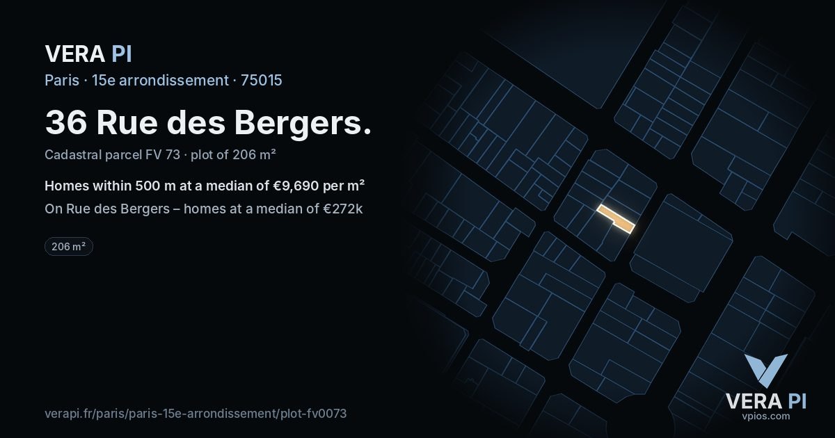 36 Rue des Bergers, 15e arrondissement at night – the plot lit, the parcels around coloured by the prices near them