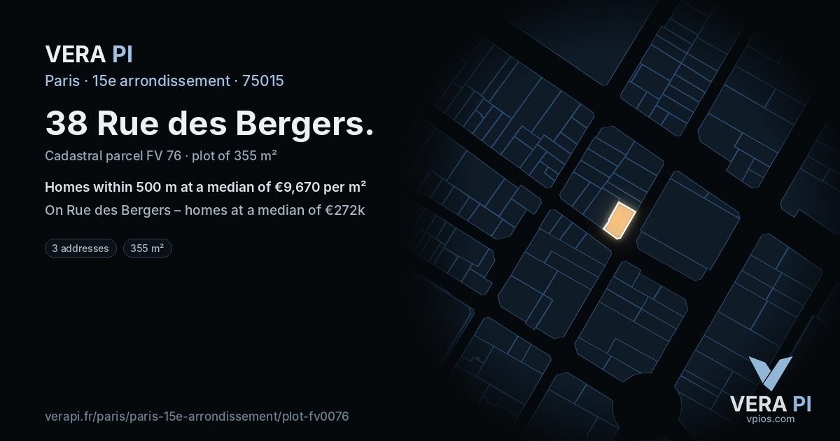 38 Rue des Bergers, 15e arrondissement at night – the plot lit, the parcels around coloured by the prices near them