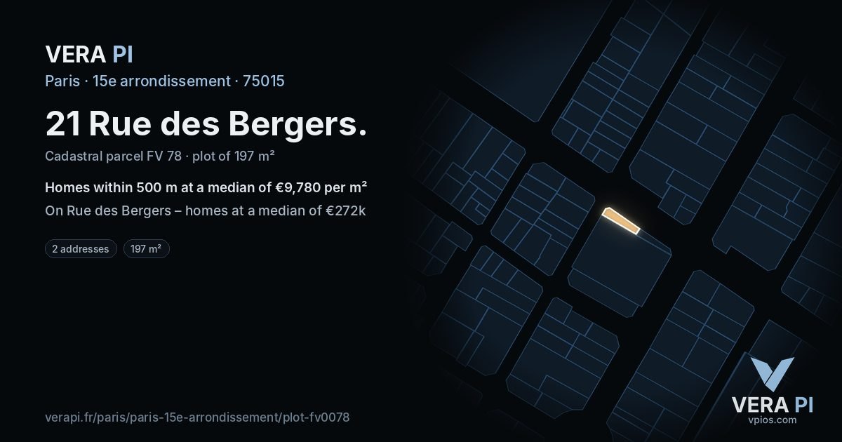 21 Rue des Bergers, 15e arrondissement at night – the plot lit, the parcels around coloured by the prices near them
