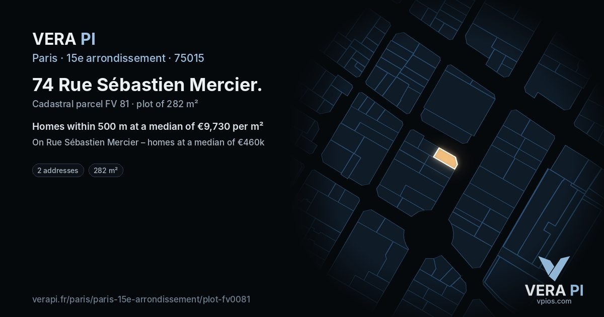 74 Rue Sébastien Mercier, 15e arrondissement at night – the plot lit, the parcels around coloured by the prices near them