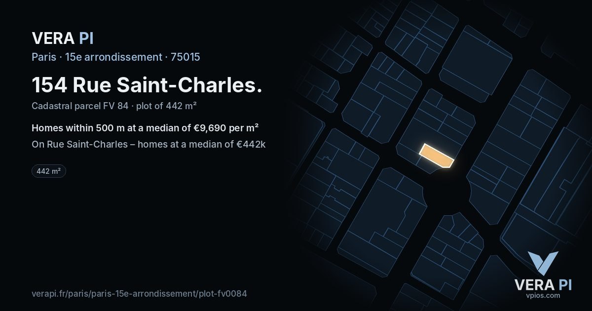 154 Rue Saint-Charles, 15e arrondissement at night – the plot lit, the parcels around coloured by the prices near them