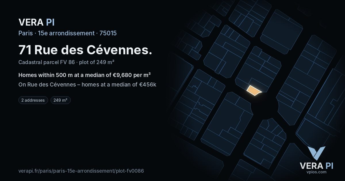 71 Rue des Cévennes, 15e arrondissement at night – the plot lit, the parcels around coloured by the prices near them