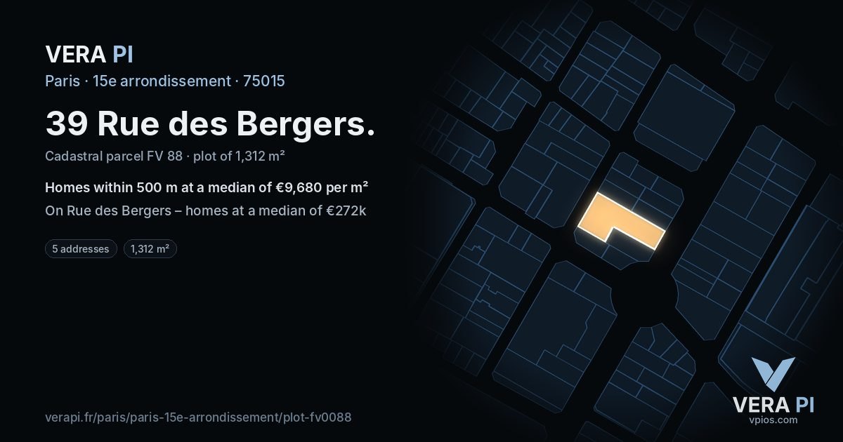 39 Rue des Bergers, 15e arrondissement at night – the plot lit, the parcels around coloured by the prices near them