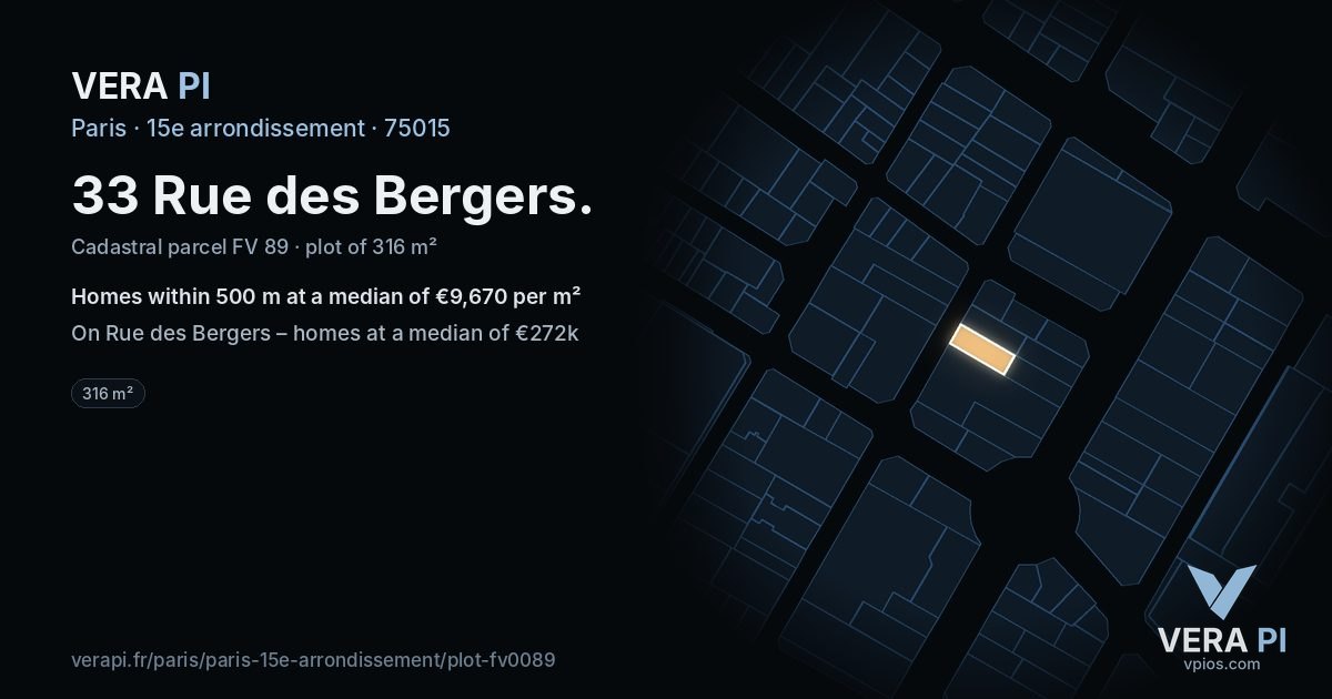33 Rue des Bergers, 15e arrondissement at night – the plot lit, the parcels around coloured by the prices near them