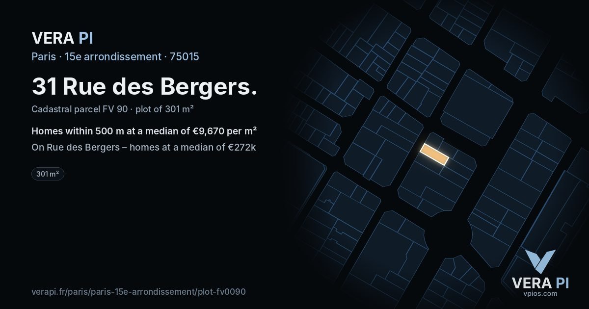 31 Rue des Bergers, 15e arrondissement at night – the plot lit, the parcels around coloured by the prices near them