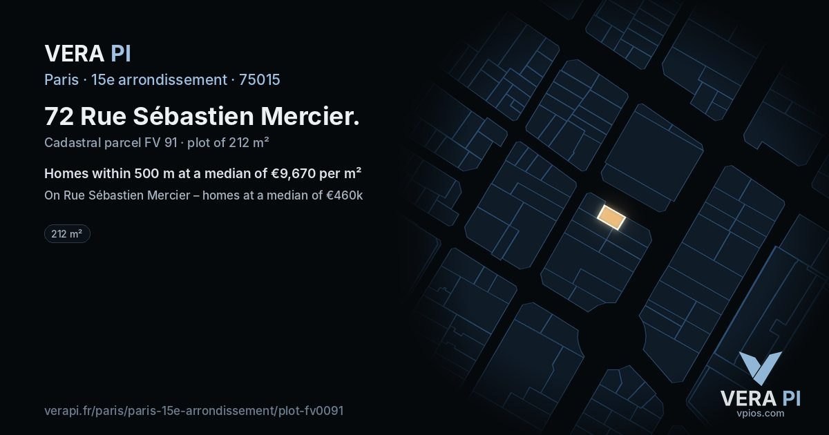 72 Rue Sébastien Mercier, 15e arrondissement at night – the plot lit, the parcels around coloured by the prices near them