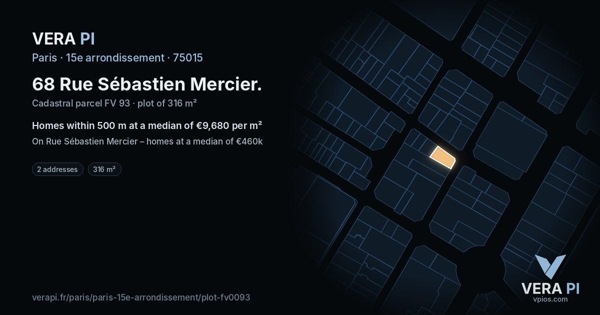 68 Rue Sébastien Mercier, 15e arrondissement at night – the plot lit, the parcels around coloured by the prices near them