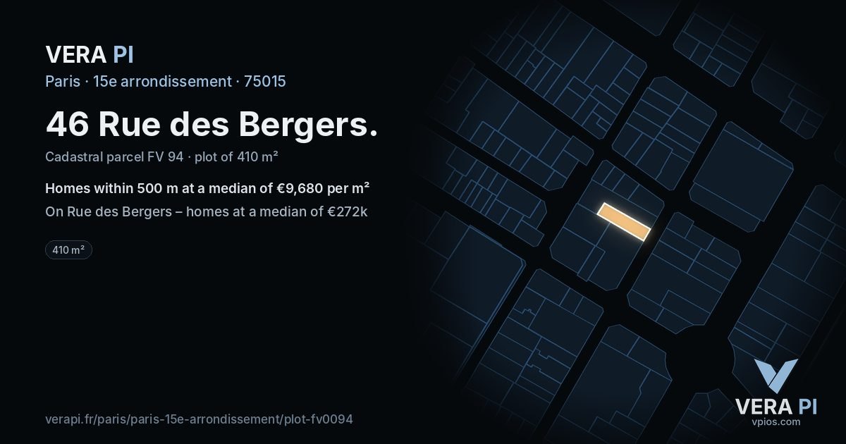 46 Rue des Bergers, 15e arrondissement at night – the plot lit, the parcels around coloured by the prices near them
