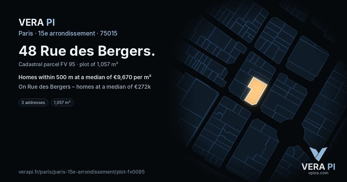 48 Rue des Bergers, 15e arrondissement at night – the plot lit, the parcels around coloured by the prices near them