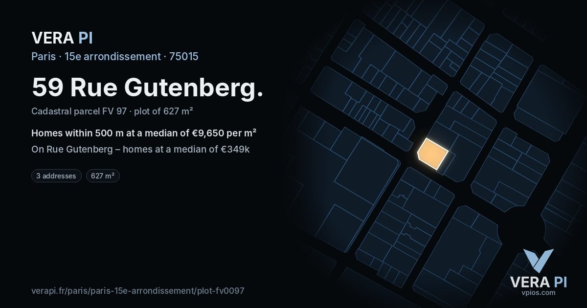 59 Rue Gutenberg, 15e arrondissement at night – the plot lit, the parcels around coloured by the prices near them