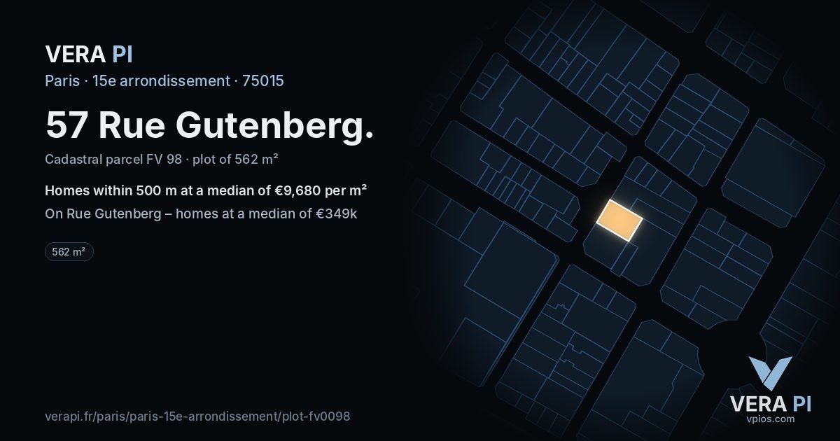 57 Rue Gutenberg, 15e arrondissement at night – the plot lit, the parcels around coloured by the prices near them