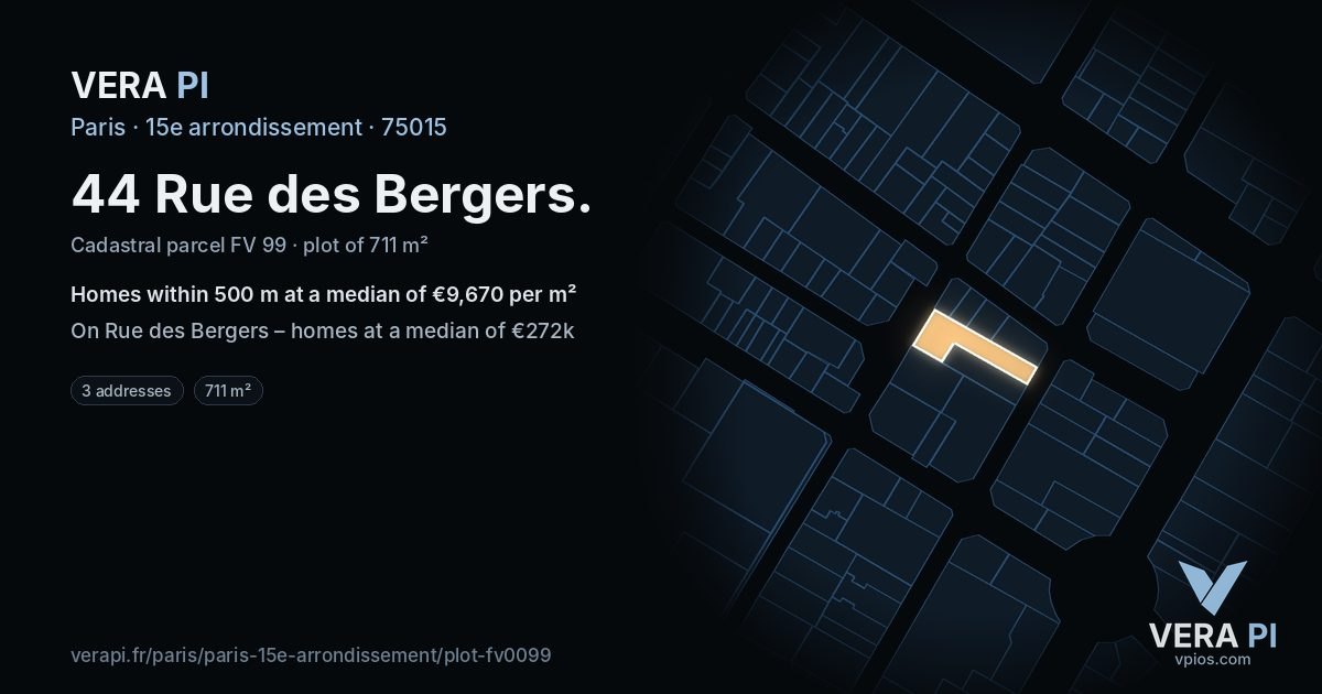 44 Rue des Bergers, 15e arrondissement at night – the plot lit, the parcels around coloured by the prices near them