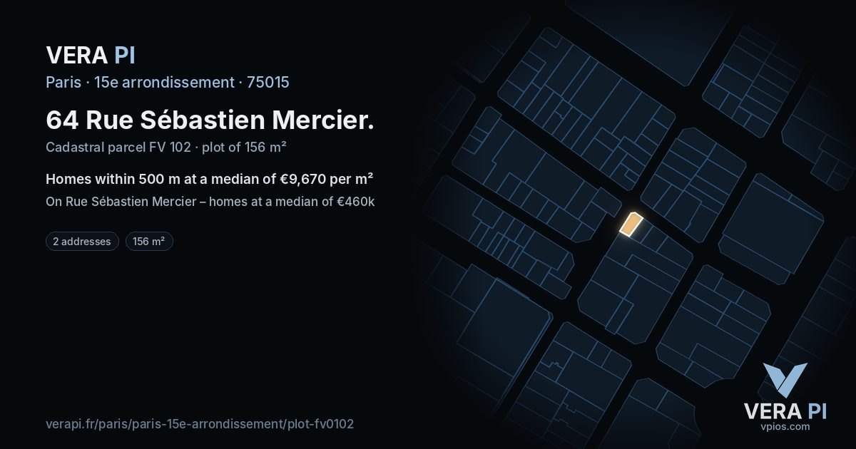 64 Rue Sébastien Mercier, 15e arrondissement at night – the plot lit, the parcels around coloured by the prices near them
