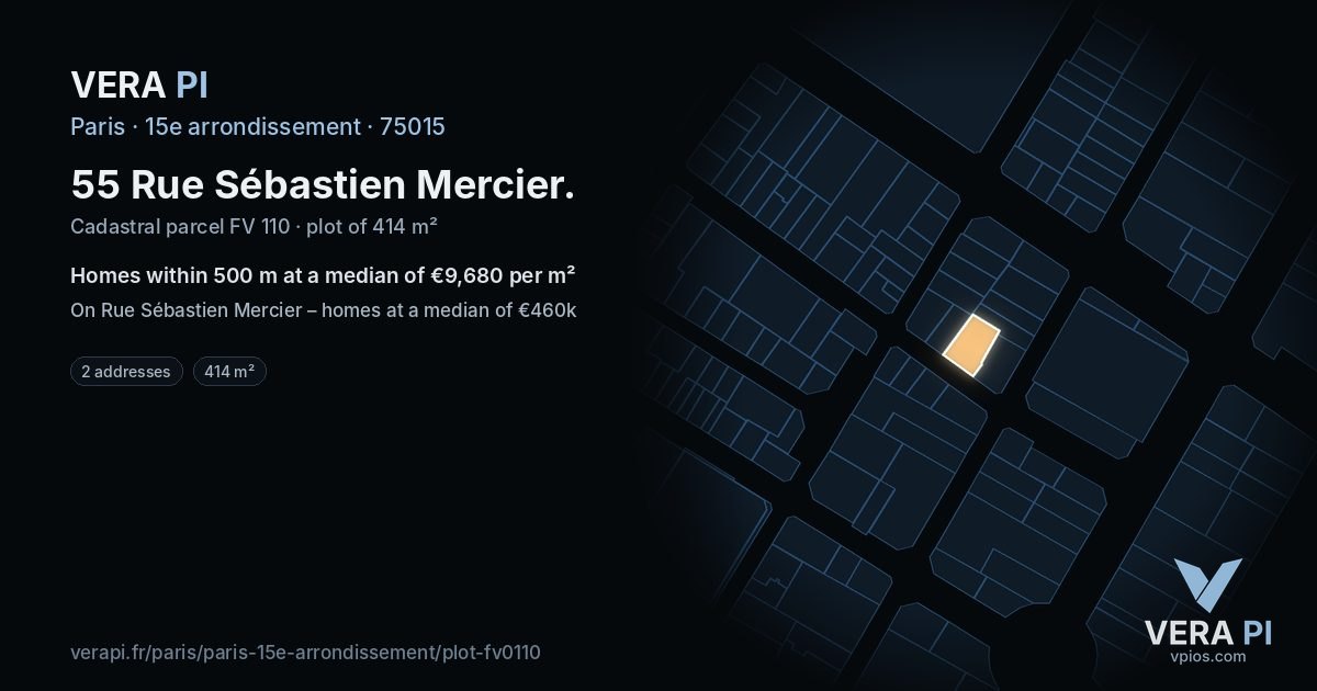 55 Rue Sébastien Mercier, 15e arrondissement at night – the plot lit, the parcels around coloured by the prices near them