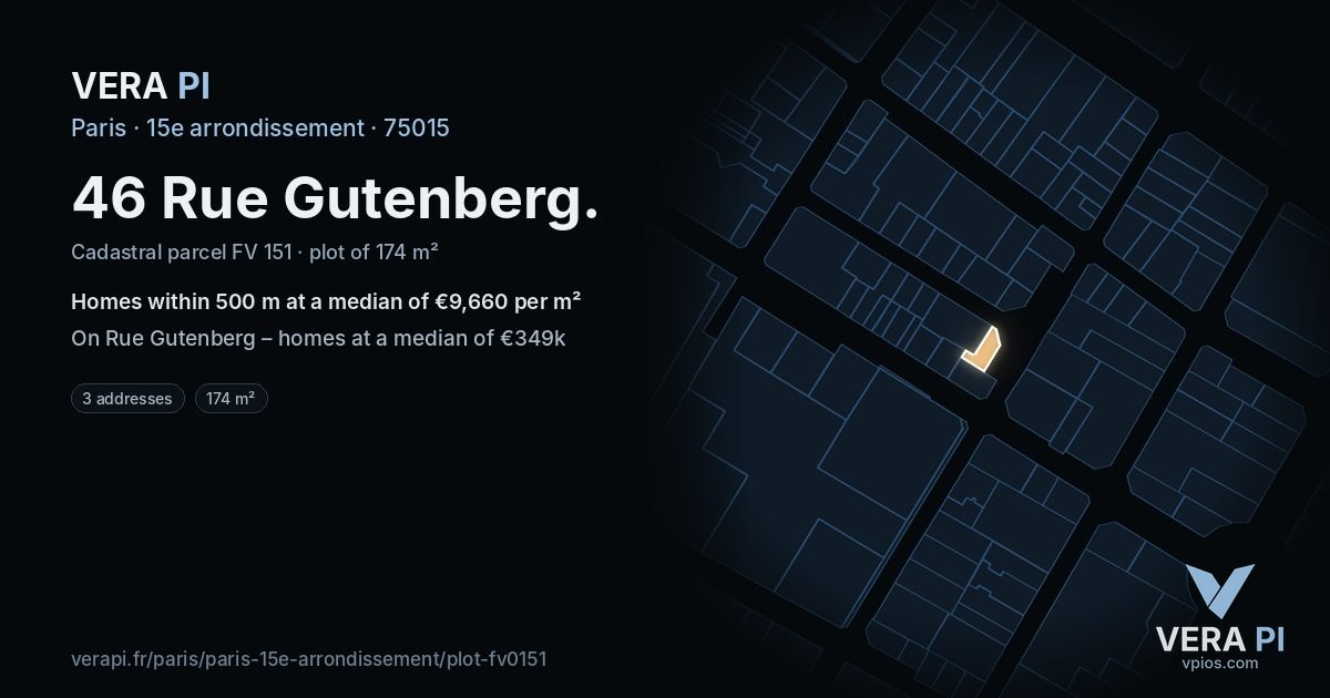 46 Rue Gutenberg, 15e arrondissement at night – the plot lit, the parcels around coloured by the prices near them
