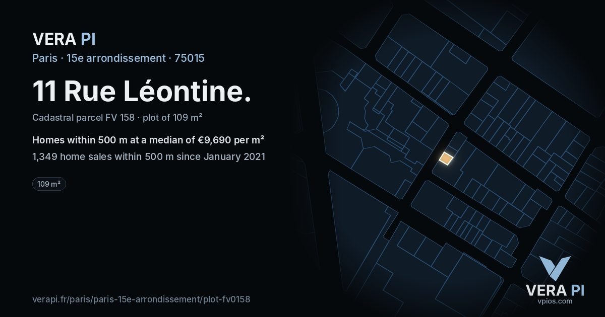 11 Rue Léontine, 15e arrondissement at night – the plot lit, the parcels around coloured by the prices near them