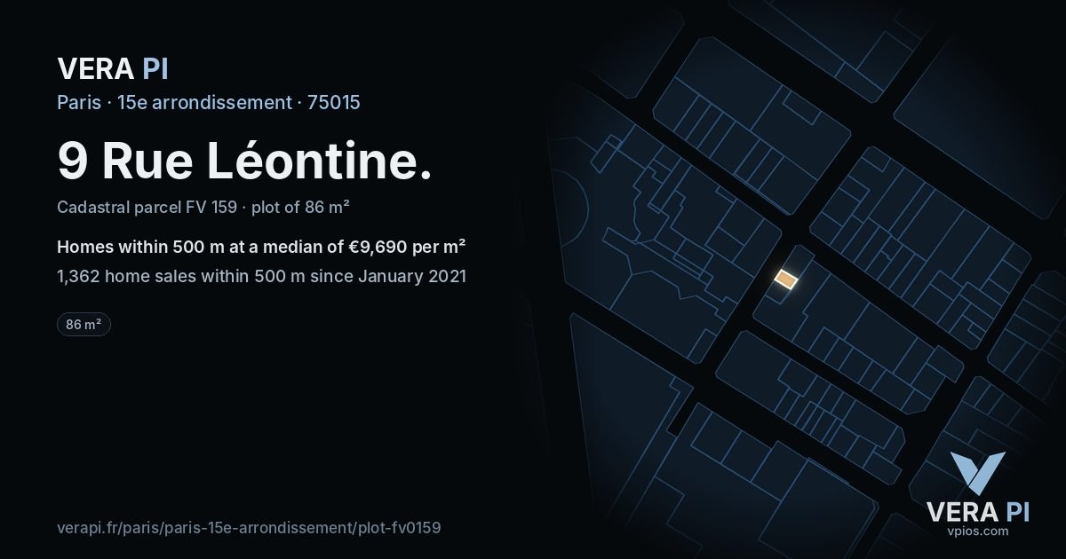 9 Rue Léontine, 15e arrondissement at night – the plot lit, the parcels around coloured by the prices near them