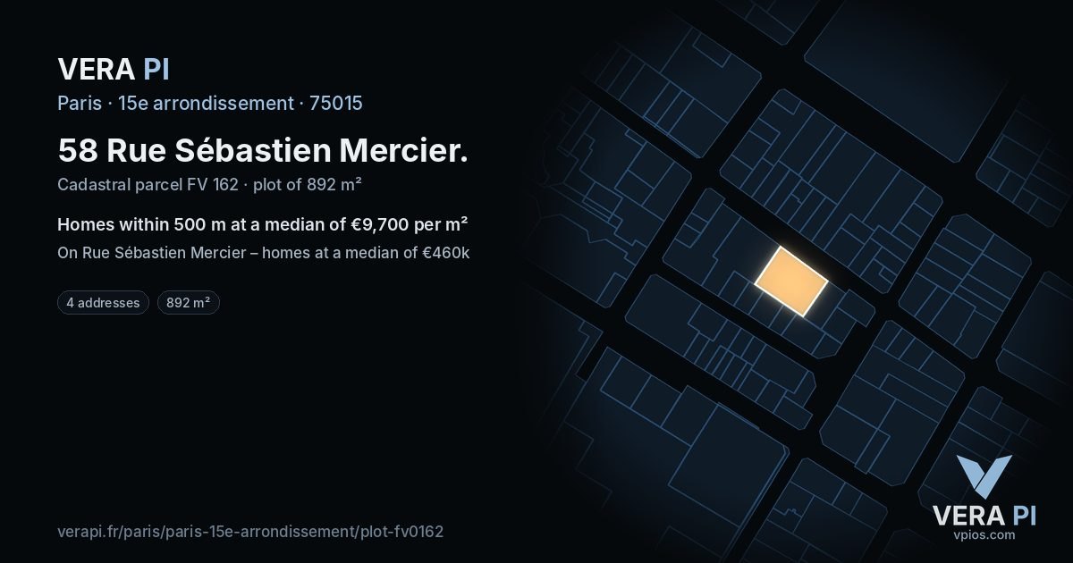 58 Rue Sébastien Mercier, 15e arrondissement at night – the plot lit, the parcels around coloured by the prices near them