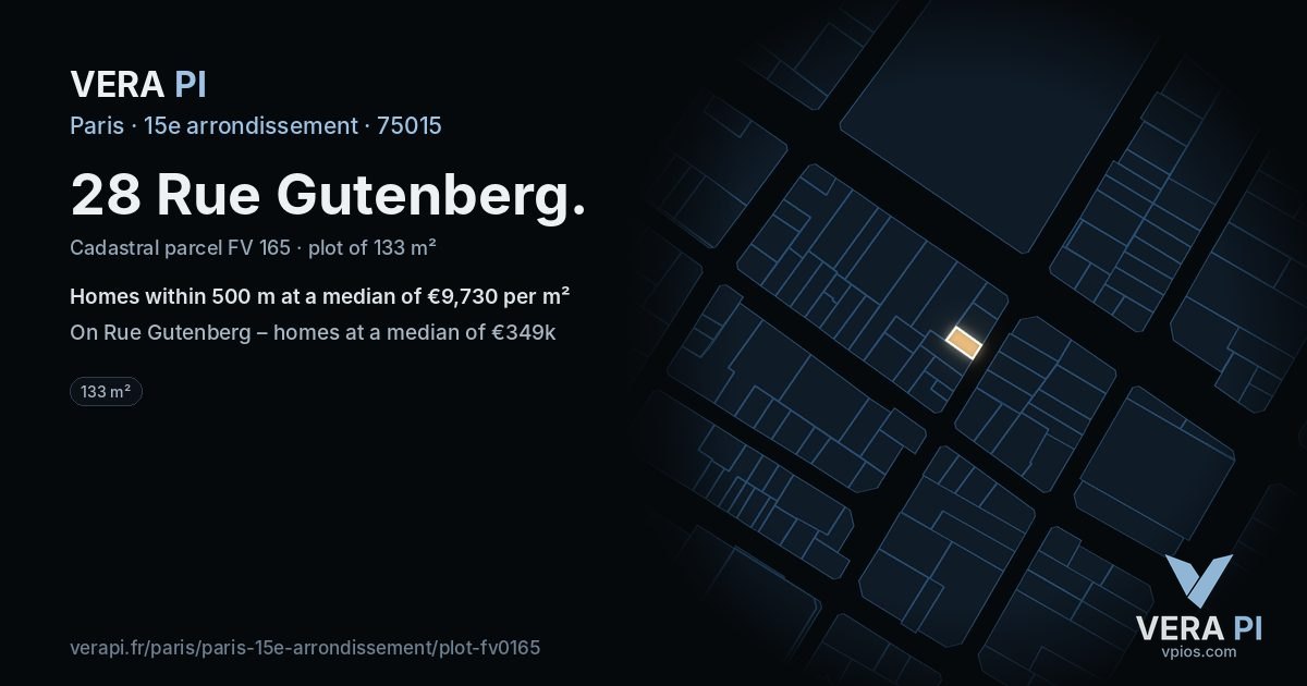 28 Rue Gutenberg, 15e arrondissement at night – the plot lit, the parcels around coloured by the prices near them