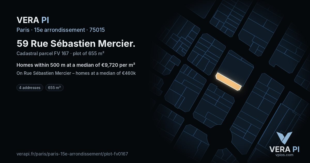 59 Rue Sébastien Mercier, 15e arrondissement at night – the plot lit, the parcels around coloured by the prices near them
