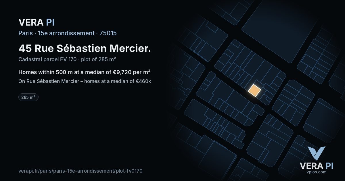 45 Rue Sébastien Mercier, 15e arrondissement at night – the plot lit, the parcels around coloured by the prices near them