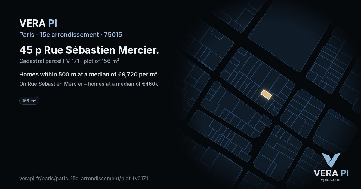 45 p Rue Sébastien Mercier, 15e arrondissement at night – the plot lit, the parcels around coloured by the prices near them