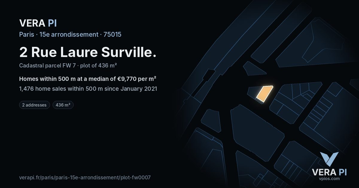 2 Rue Laure Surville, 15e arrondissement at night – the plot lit, the parcels around coloured by the prices near them