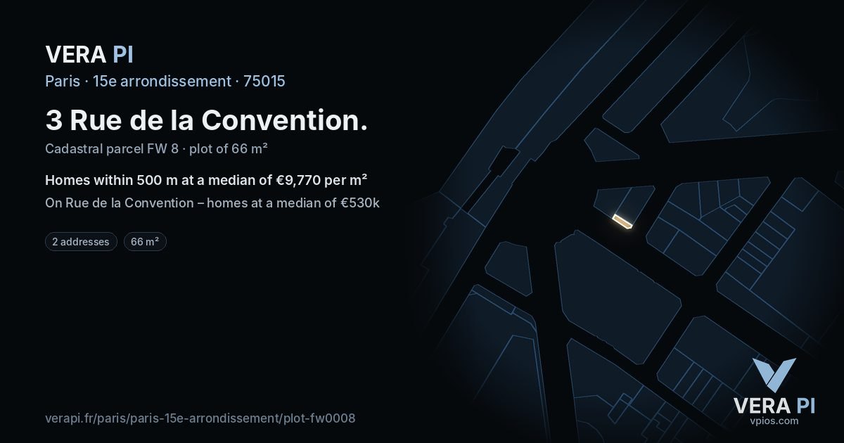 3 Rue de la Convention, 15e arrondissement at night – the plot lit, the parcels around coloured by the prices near them