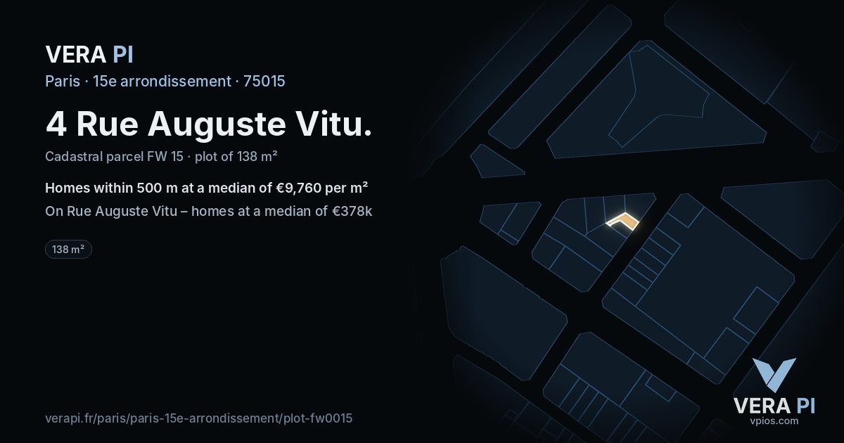 4 Rue Auguste Vitu, 15e arrondissement at night – the plot lit, the parcels around coloured by the prices near them
