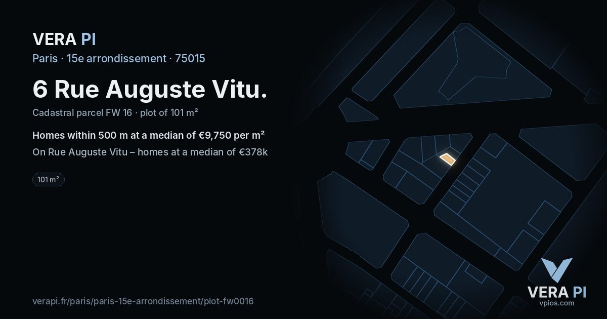 6 Rue Auguste Vitu, 15e arrondissement at night – the plot lit, the parcels around coloured by the prices near them