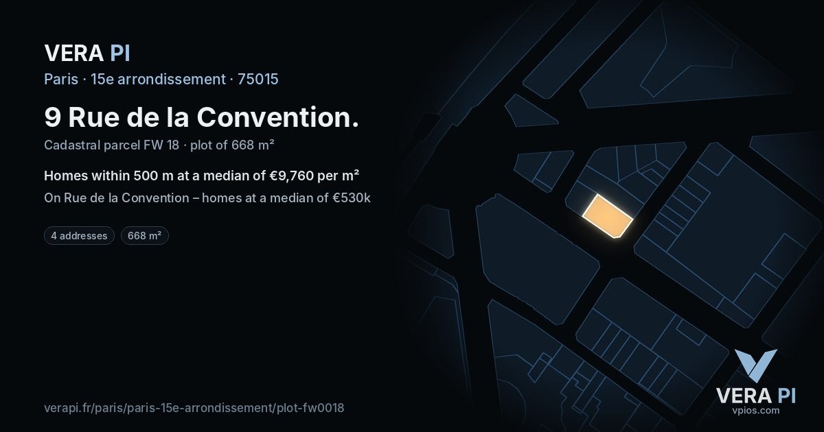 9 Rue de la Convention, 15e arrondissement at night – the plot lit, the parcels around coloured by the prices near them